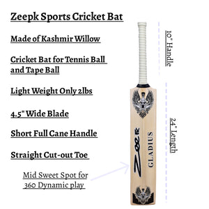 Zeepk Cricket Bat Tennis Tape Ball 4.5" Short Full Cane Handle Gladius 2lbs Light Weight Willow Wood