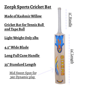 Zeepk Cricket Bat Tennis Tape Ball Sixer6 4.5 Inch Long Full Cane Handle 2lbs Kashmir Willow