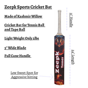 Zeepk Cricket Bat Tamer Tennis Tape Ball 5" inch Full Cane Long handle Willow 2lb Light Weight